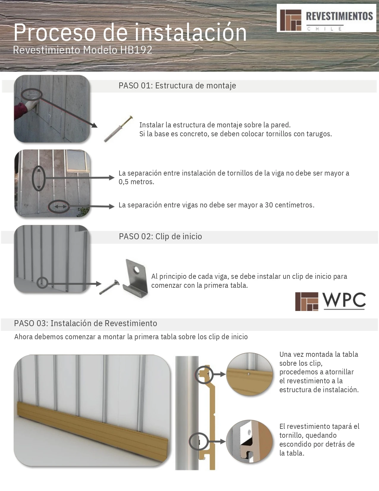 Instalación del siding de exterior WPC - Paso 01, Paso 02 y Paso 03